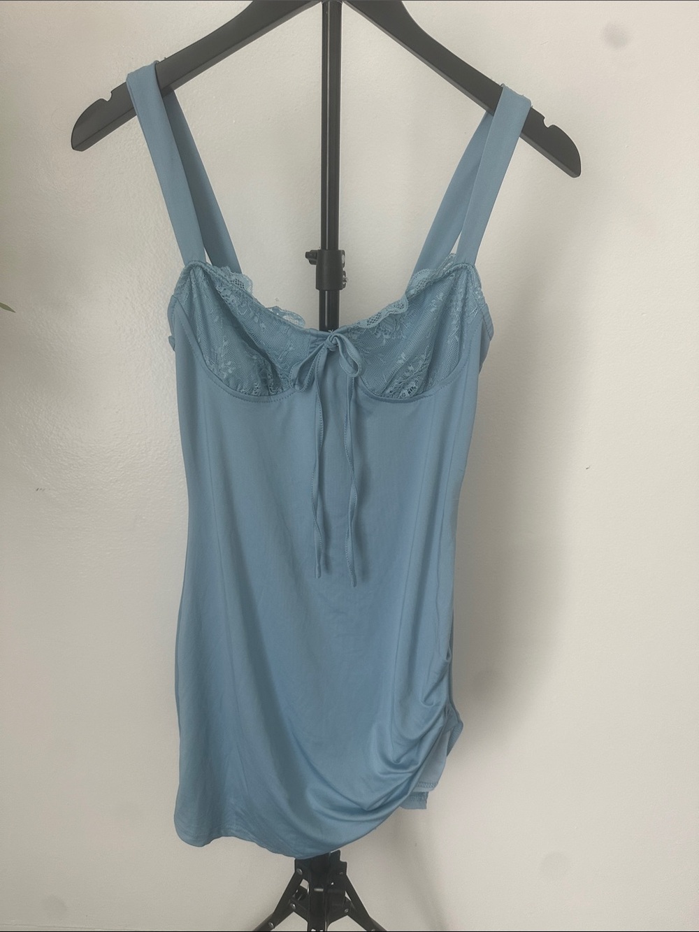 Dusty Blue Lace-Trim Slip Dress